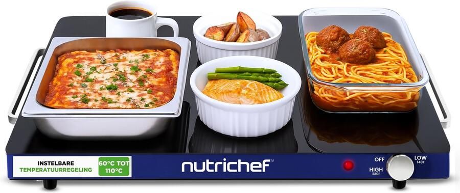NUTRICHEF Elektrisch Warmhoudplaat Glazen Oppervlak Instelbare Temperatuur Energiezuinig & Ruimtebesparend Perfect voor Buffetten en Feestjes Blauw