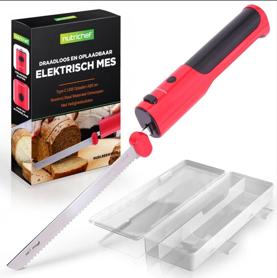 NUTRICHEF Elektrische Mes In uit Veiligheidsfunctie -Lichtgewicht met Geprofileerd Handvat Rood