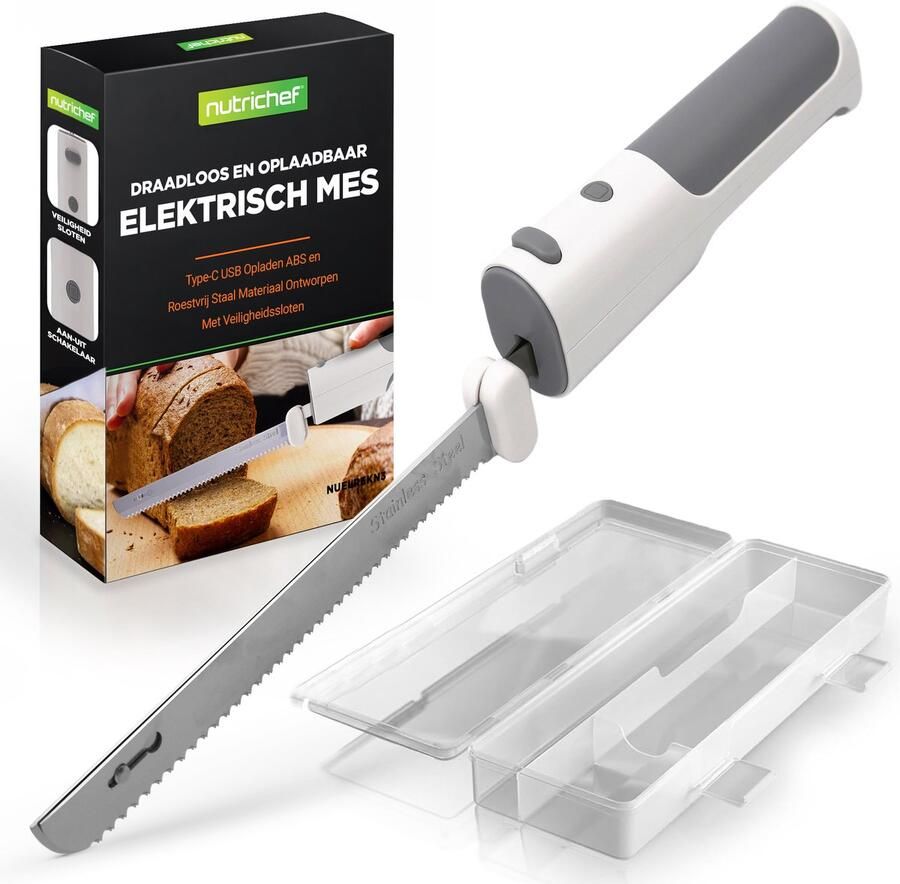NUTRICHEF Elektrische Mes In uit Veiligheidsfunctie -Lichtgewicht met Geprofileerd Handvat Wit & Grijs