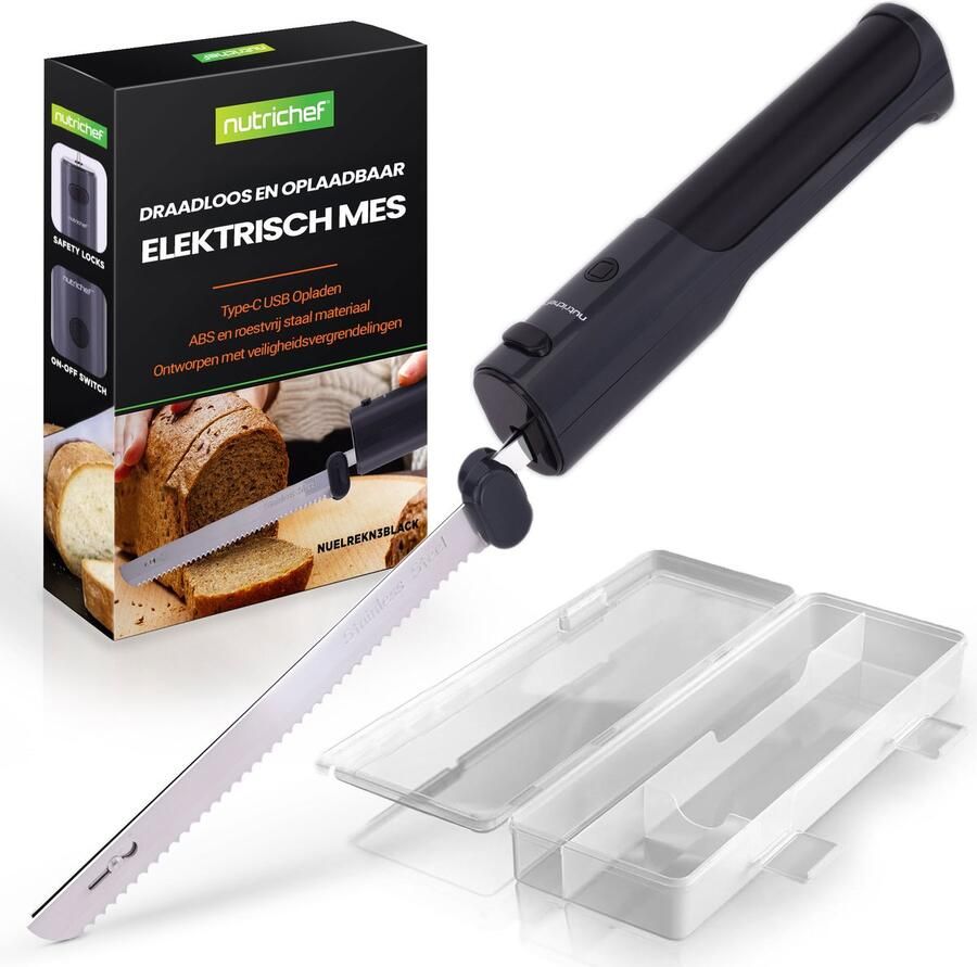 NUTRICHEF Elektrische Mes In uit Veiligheidsfunctie -Lichtgewicht met Geprofileerd Handvat Zwart