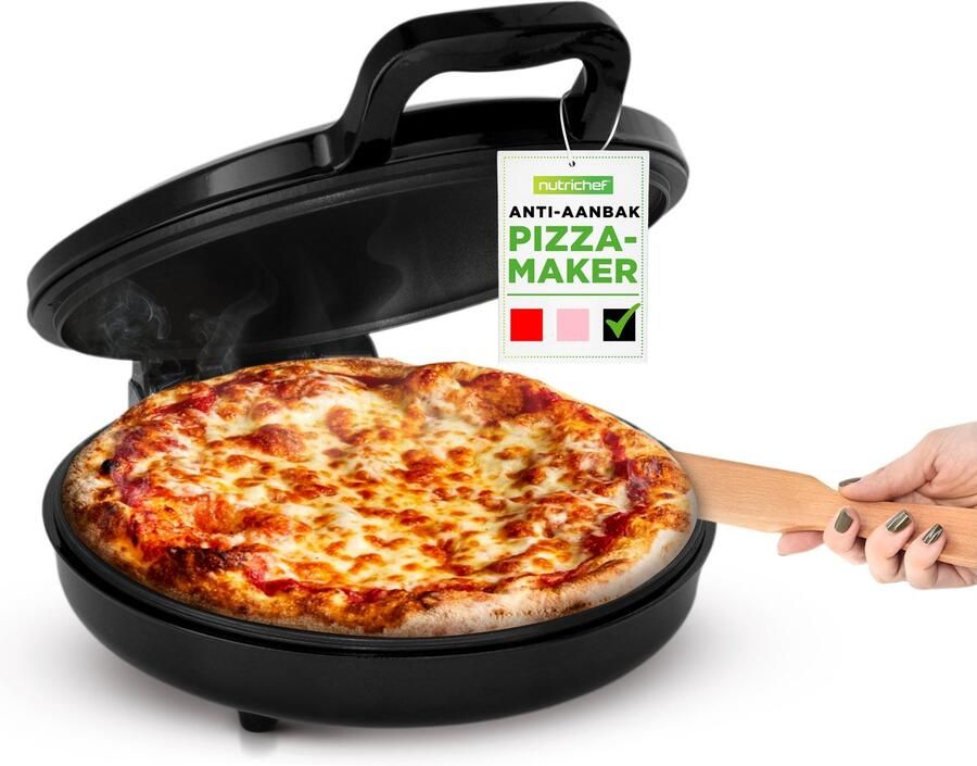 NUTRICHEF Pizzaoven Elektrisch – 1500W – Ø30 cm – Anti-aanbaklaag – Regelbare Temperatuur (80–200 °C) – Koelblijvende Handgrepen – Zwart