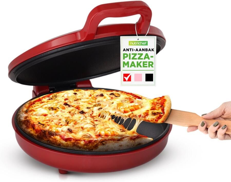 NUTRICHEF Pizzaoven Elektrisch – 1500W – Ø30 cm – Anti-aanbaklaag – Regelbare Temperatuur (80–200 °C) – Koelblijvende Handgrepen – Rood