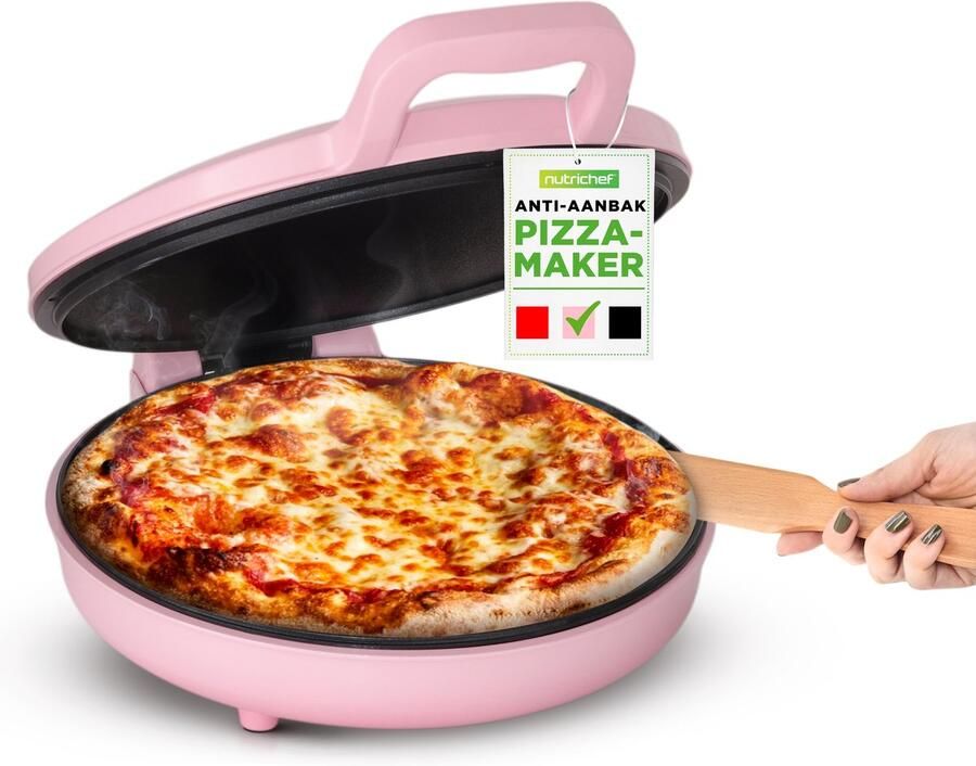 NUTRICHEF Pizzaoven Elektrisch – 1500W – Ø30 cm – Anti-aanbaklaag – Regelbare Temperatuur (80–200 °C) – Koelblijvende Handgrepen – Roze