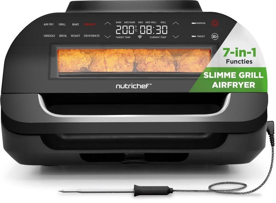 NUTRICHEF Smokeless Grill – Slimme Grill & Airfryer Kookfuncties 6L Slimme Thermometer Afneembare Antiaanbak Grilplaten