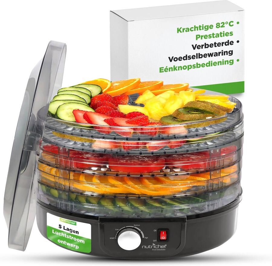 NUTRICHEF Voedseldroger – 5 Laags Droogmachine met Temperatuurcontrole tot 82°C – Rond zwart