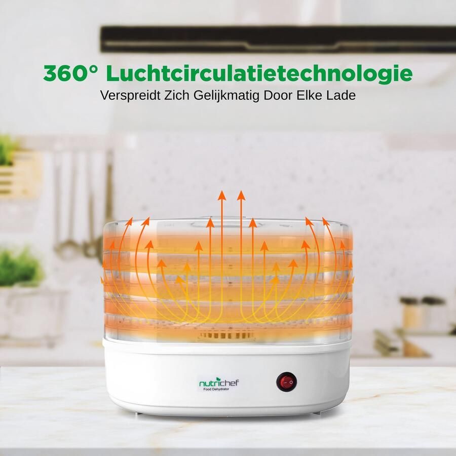 NUTRICHEF Voedseldroger – 5 Laags Droogmachine met Temperatuurcontrole tot 82°C – Vierkant Wit