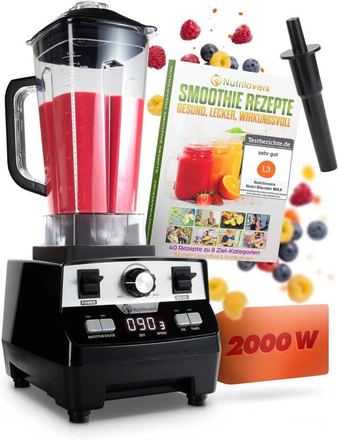 Nutrilovers NUTRI-BLENDER MAX+ Krachtige Blender 2000W Standmixer Smoothie Krachtige Smoothie Maker Professionele Mixer Blender 2L Tritan BPA-VRIJ 9 Snelheden Digitale Timer Incl. Smoothie Receptenboek