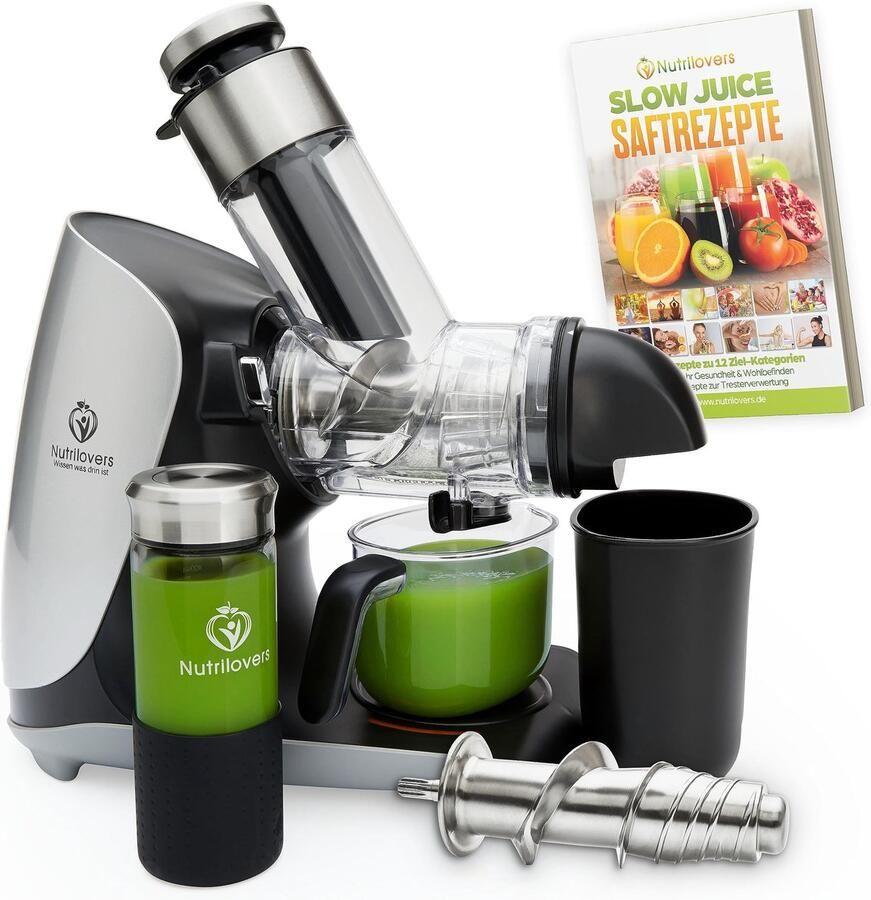 Nutrilovers Green-Press Slow Juicer 304 roestvrij stalen slak BPA-vrij Duits merk hele vruchten selderij groenten en fruit sapcentrifuge testwinnaar 2023 allround sappers elektrisch [Energieklasse A+++]