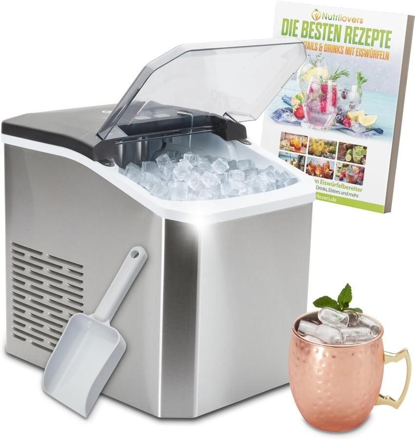 Nutrilovers IJsblokjesmachine NUTRI-ICE MAKER roestvrij staal ijsblokjesmaker transparante ijsblokjes 2 maten (S L) incl. Moscow Mule beker & receptenboek