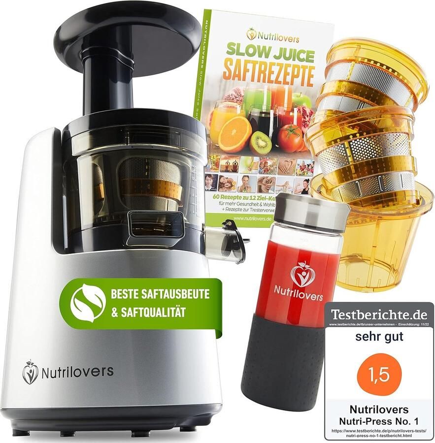 Nutrilovers Juicer Slow Juicer NUTRI-PRESS NO.1 Testwinnaar sapopbrengst 3 zeef smoothie fruitijs zeer stil BPA-vrij [Energieklasse A+++]