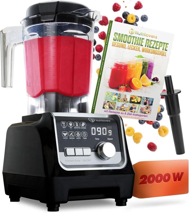 Nutrilovers NUTRI-BLENDER MAX+ Krachtige Blender 2000W Standmixer Smoothie Krachtige Smoothie Maker Professionele Mixer Blender 2L Tritan BPA-VRIJ 9 Snelheden Digitale Timer Incl. Smoothie Receptenboek