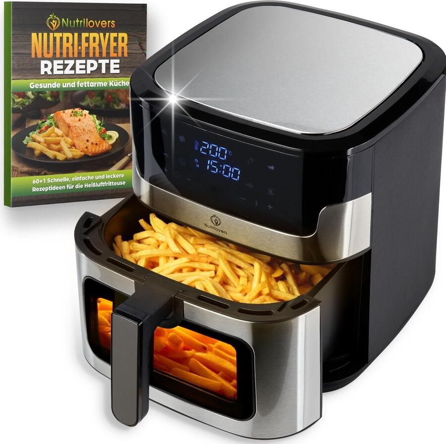 Nutrilovers NUTRI-FRYER Heteluchtfriteuse roestvrij staal XXL 8 liter 2000 W roestvrij staal met led-touch-display Double Heating technologie kijkvenster vetarme friet friteuse zonder olie [Energieklasse A+++]