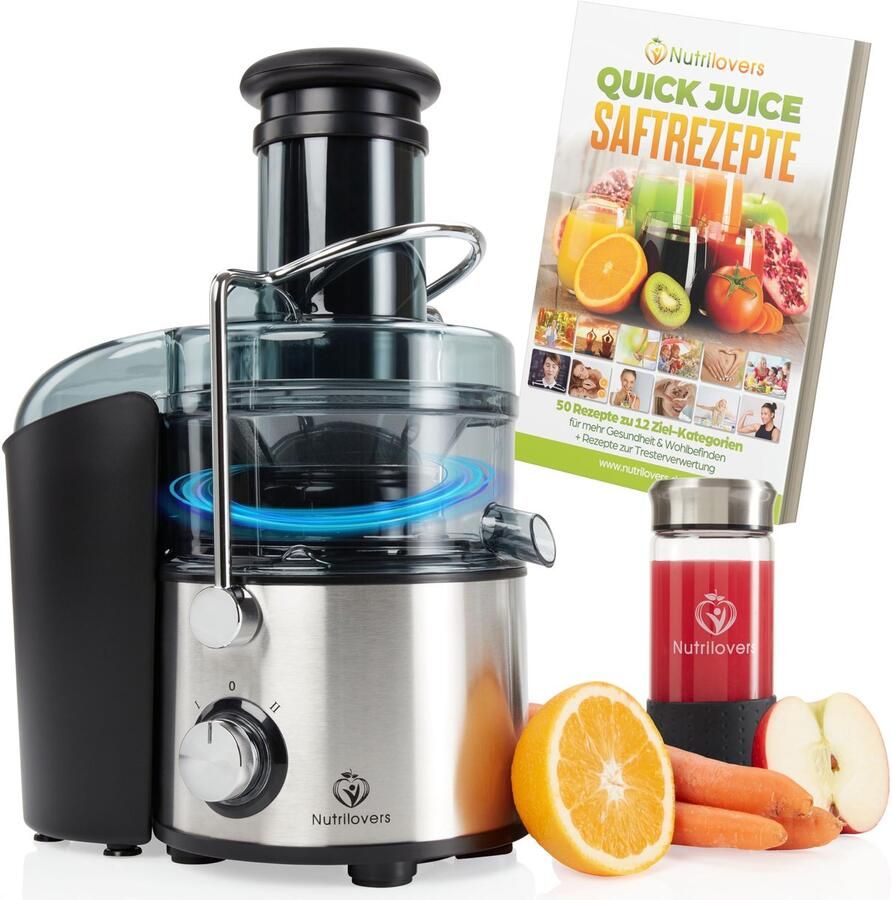 Nutrilovers QUICK-JUICER MAX sapcentrifuge groenten en fruit XXL inworp roestvrijstalen zeef externe afvalbak 800 W incl. BPA-vrij incl. drinkfles + receptenboek