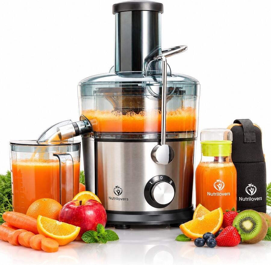 Nutrilovers *testwinnaar* QUICK-JUICER roestvrijstalen fruit- en groentepapcentrifuge I XXL inzetstuk voor het persen van hele vruchten 800W 2 snelheden BPA-vrij incl. drinkfles + receptenboek & app