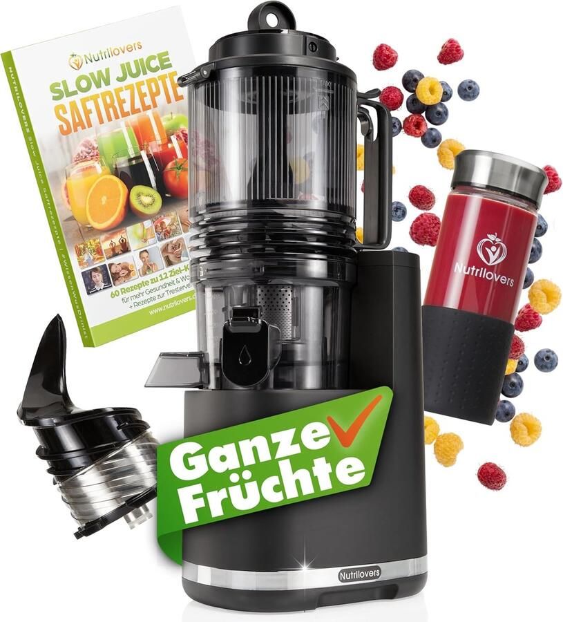Nutrilovers Slow Juicer NUTRI-PRESS MAX sapcentrifuge voor hele vruchten met XXL-opening van 150 mm BPA-vrij incl. sapfles en receptenboek voor slow juice
