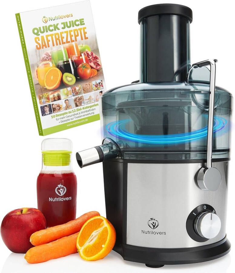 Nutrilovers *testwinnaar* QUICK-JUICER roestvrijstalen fruit- en groentepapcentrifuge I XXL inzetstuk voor het persen van hele vruchten 800W 2 snelheden BPA-vrij incl. drinkfles + receptenboek & app