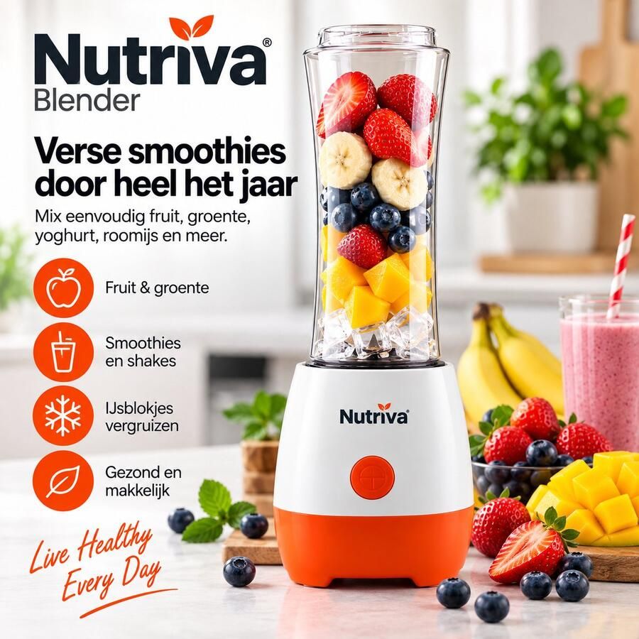 Nutriva Blender Smoothie Blender 600 ml IJscrusher Met Drinkdeksel Voor Fruit & Groente Op Netstroom
