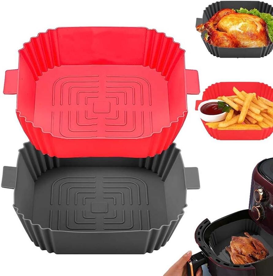 OBOSOE 2 Stuks Siliconen Airfryer Matten 19 5 Cm Diameter Airfryer Siliconen Roosters Herbruikbaar En Eenvoudig Schoon Te Maken Vierkante Airfryer Matten Voor Potmodellen (Donkergrijs+Rood)