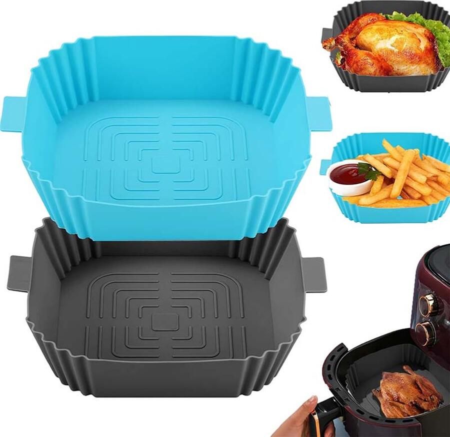 OBOSOE 2 Stuks Siliconen Airfryer Matten 19 5 Cm Diameter Airfryer Siliconen Roosters Herbruikbaar En Eenvoudig Schoon Te Maken Vierkante Airfryer Matten Voor Potmodellen (Donkergrijs + Blauw)