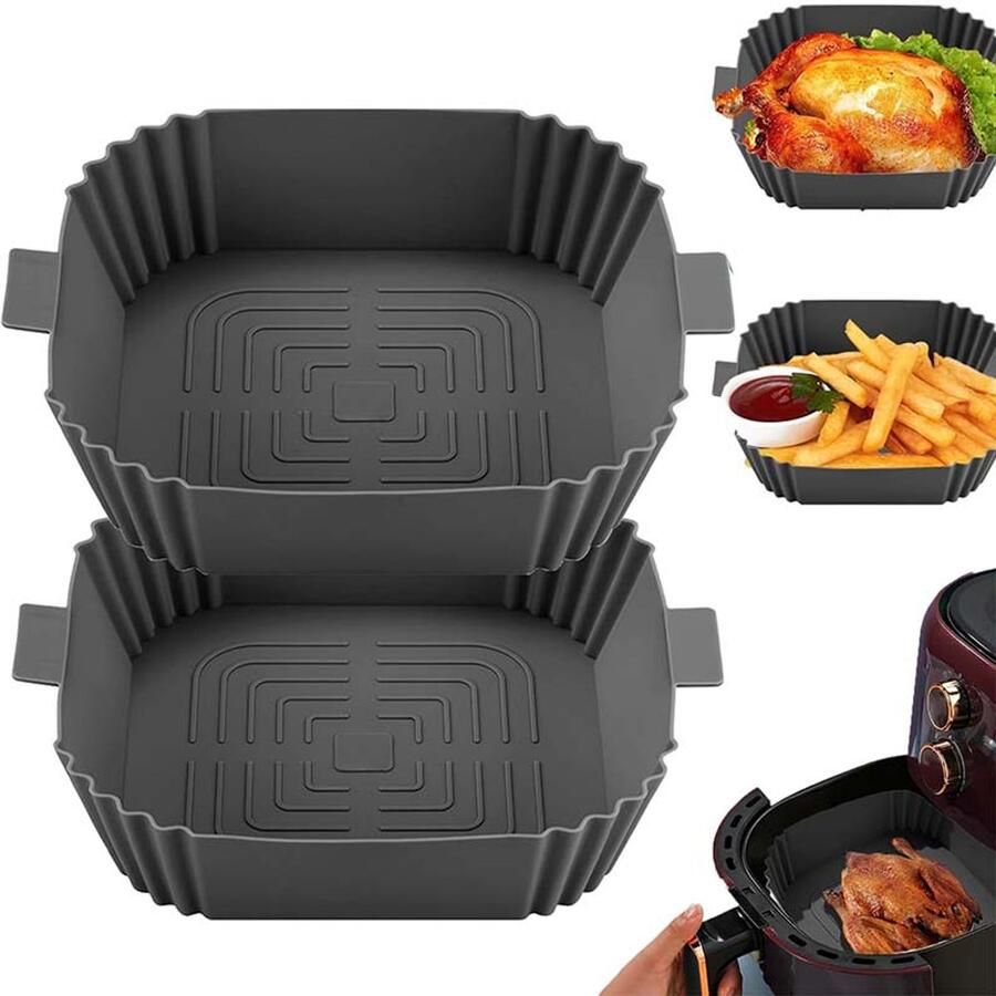 OBOSOE 2 Stuks Siliconen Airfryer Matten 19 5 Cm Diameter Airfryer Siliconen Roosters Herbruikbaar En Eenvoudig Schoon Te Maken Vierkante Airfryer Matten Voor Potmodellen (Donkergrijs)