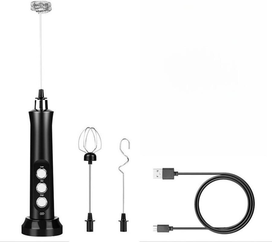 OBOSOE 3-in-1 Wireless Electric Milk Frother USB-Charging Manual Whisk Milk Frother Suitable for Whipping Cream Frothing Coffee and Mixing Beverages Zwart