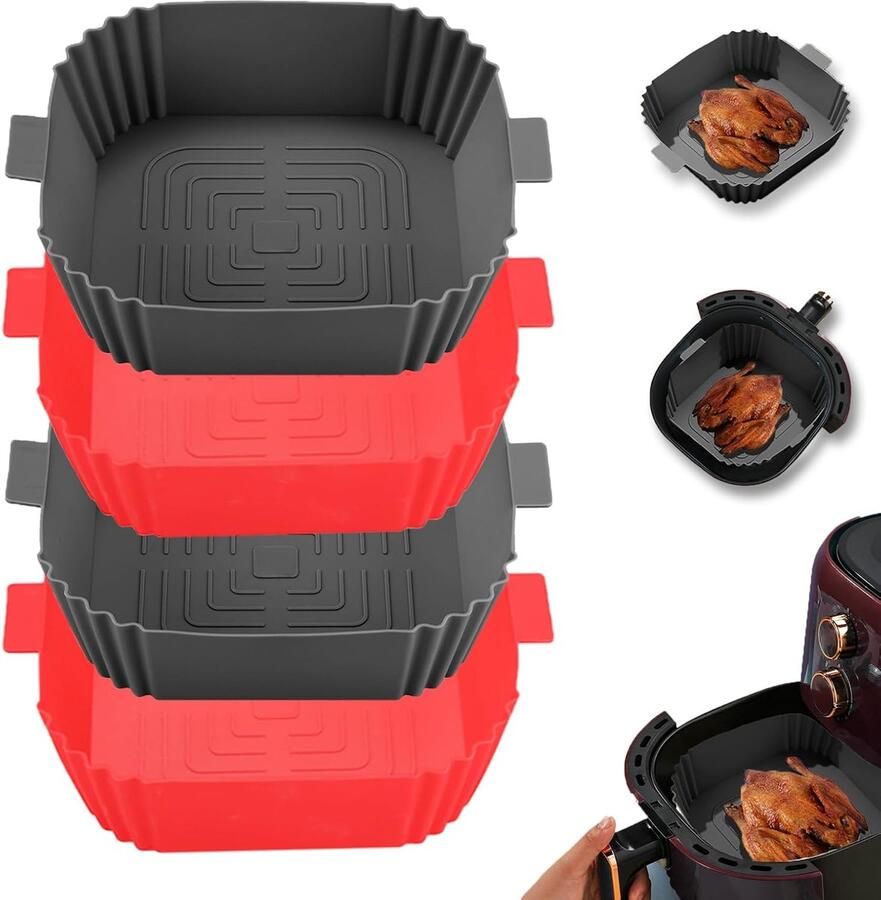 OBOSOE 4 Stuks Siliconen Airfryer Matten 19 5 Cm Diameter Airfryer Siliconen Roosters Herbruikbaar En Eenvoudig Schoon Te Maken Vierkante Airfryer Matten Voor Potmodellen (Donkergrijs + Rood)