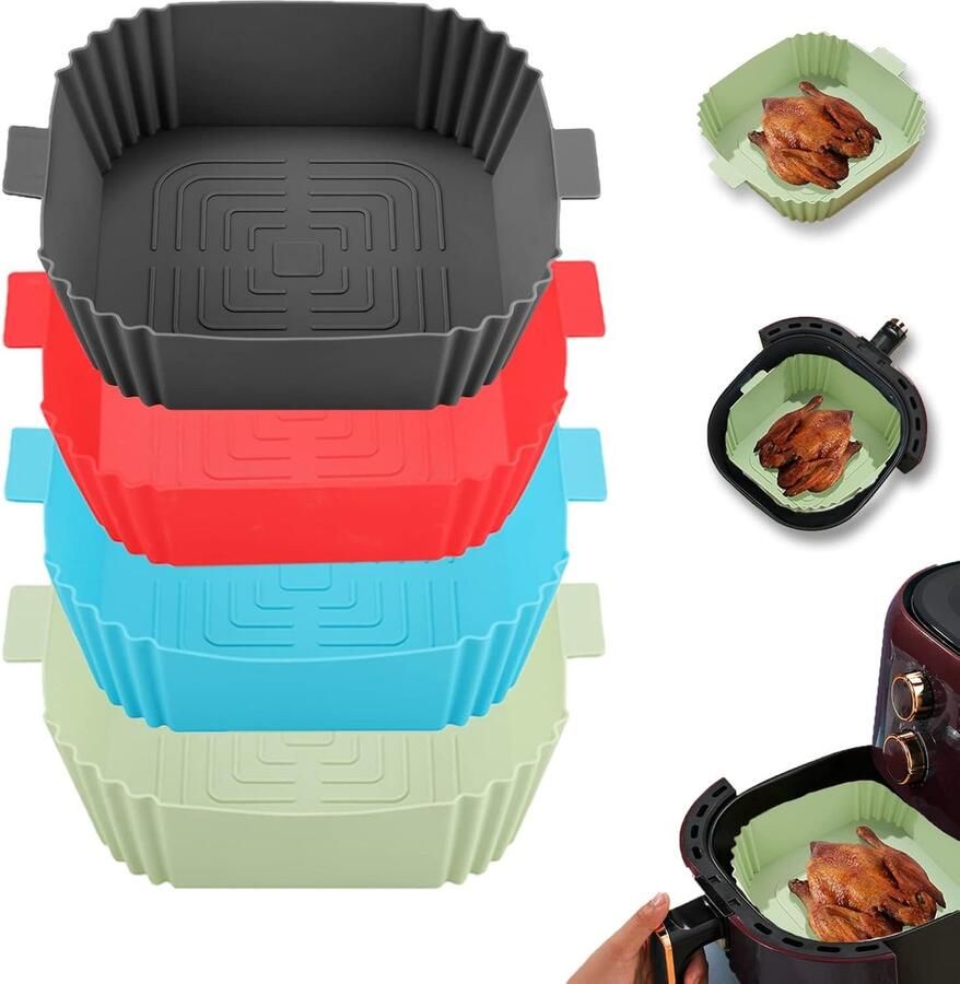 OBOSOE 4 Stuks Siliconen Airfryer Matten 19 5 Cm Diameter Airfryer Siliconen Roosters Herbruikbaar En Eenvoudig Schoon Te Maken Vierkante Airfryer Matten Voor Potmodellen (Donkergrijs + Rood + Blauw + Groen)