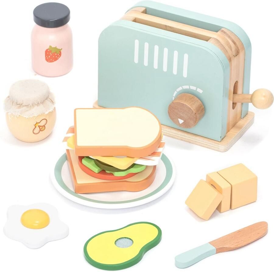 OBOSOE Keukenspeelgoedset Houten broodrooster en tosti-ijzer Inclusief uitklapbare broodrooster boterham kinderkeukenaccessoires en nog veel meer Houten speelgoed voor kinderen van 3 4 5 en 6 jaar