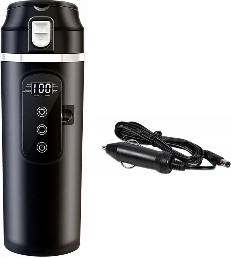 OEM Ruijingsky Reis waterkoker 500 ml 12V-24V aansluiting- Roestvrij Met beeldscherm Instelbare temperatuur Automatische uitschakeling Lekpreventie Temperatuurweergave Geschikt voor kleine auto's Zwart