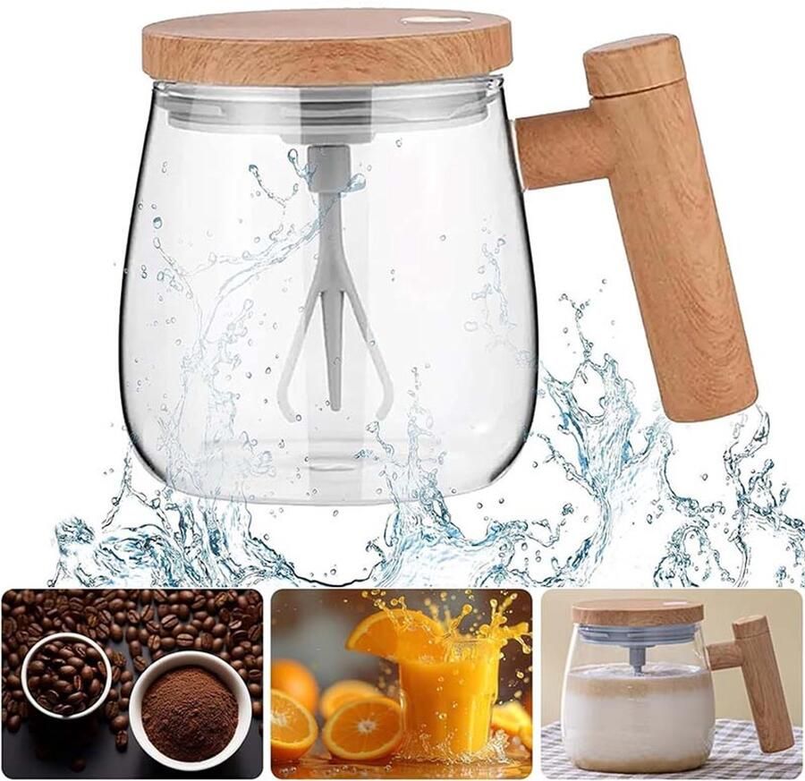 Oemmn Elektrische roerbeker 400 ml – Zelfroerend koffiebeker – Voor thuis & kantoor – Geschikt voor koffie melk & havermout – Op batterijen – Transparant