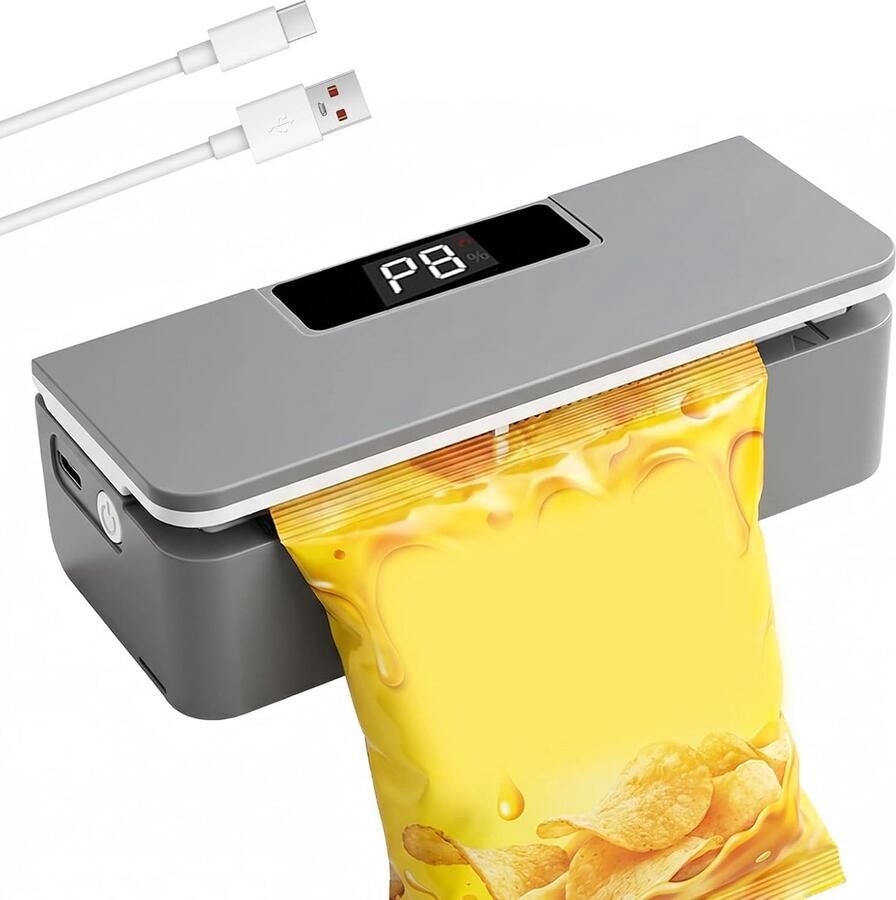 OIMG Mini Bag Sealer 6 Warmtestanden Zakjes Sealer Zaksealer met Snijfunctie & Magneet Draagbare Heat Sealer Handmatige Sealmachine USB-C Oplaadbaar Chipzak Sealer Voor chipszakjes en vershouden 12.5x6.3x4cm Grijs