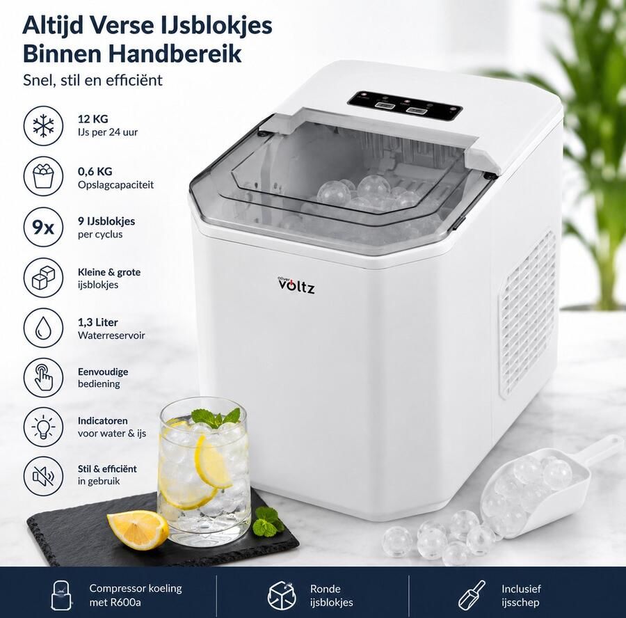 Oliver Voltz IJsblokjesmachine 12KG 24U Compacte Ice Maker 1 3L Waterreservoir Kleine & Grote IJsblokjes Wit