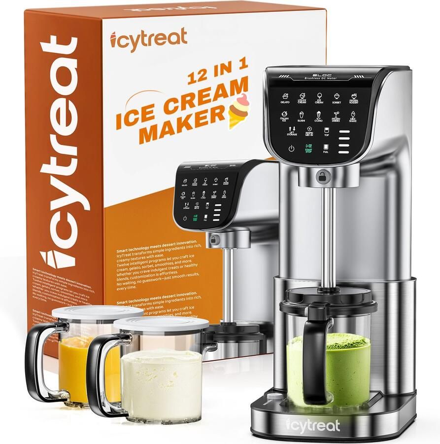 Oloey 12-in-1 ijsmachine-voorzien van 12 vooraf ingestelde programma's met één druk op de knop-geschikt voor het bereiden van gelato-slushies-sorbet en meer-wordt geleverd met 3 containers-geschikt voor gezinsgebruik en feestjes