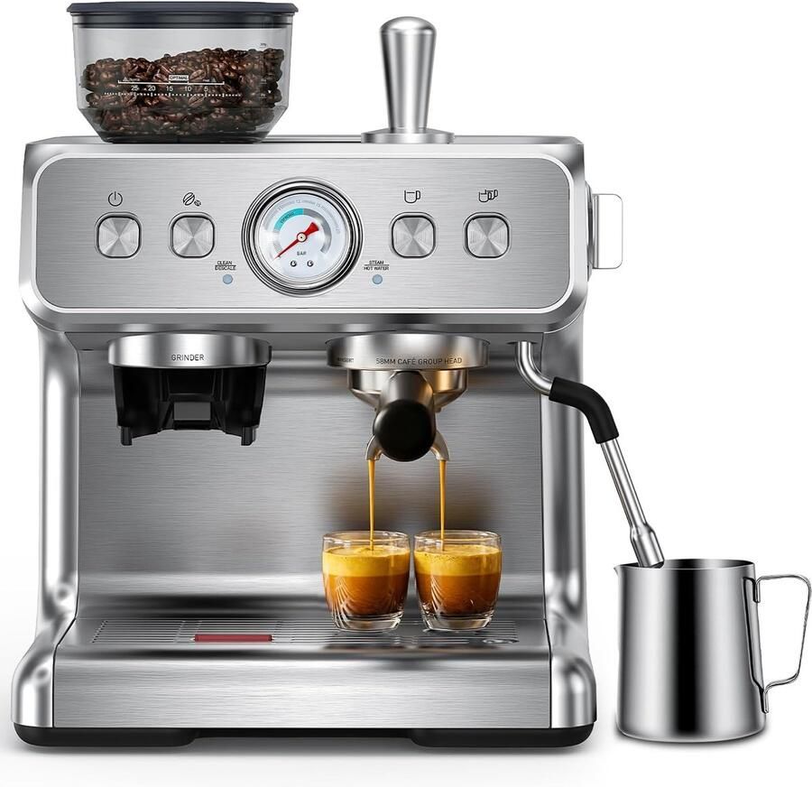 COWSAR Koffiemachine – met geïntegreerde conische molen – 30 maalgraadinstellingen – PID-temperatuurregeling – drukmeter – roestvrijstalen espressomaker en kopjeswarmer – geschikt voor latte macchiato cappuccino en espresso