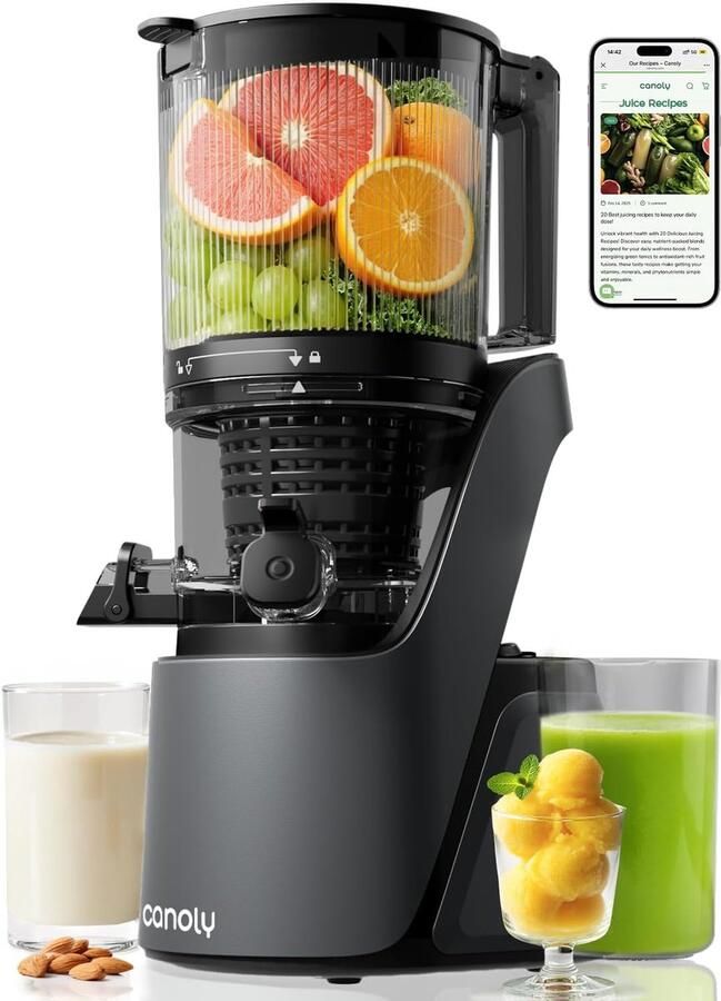 Oloey De Canoly slowjuicer heeft een inhoud van 2 6 liter-een grote vulopening van 150 mm en een 3-in-1 filter-waardoor hij geschikt is voor zowel sap als notenmelk-Hij beschikt ook over een automatische hakfunctie en een koudpersfunctie