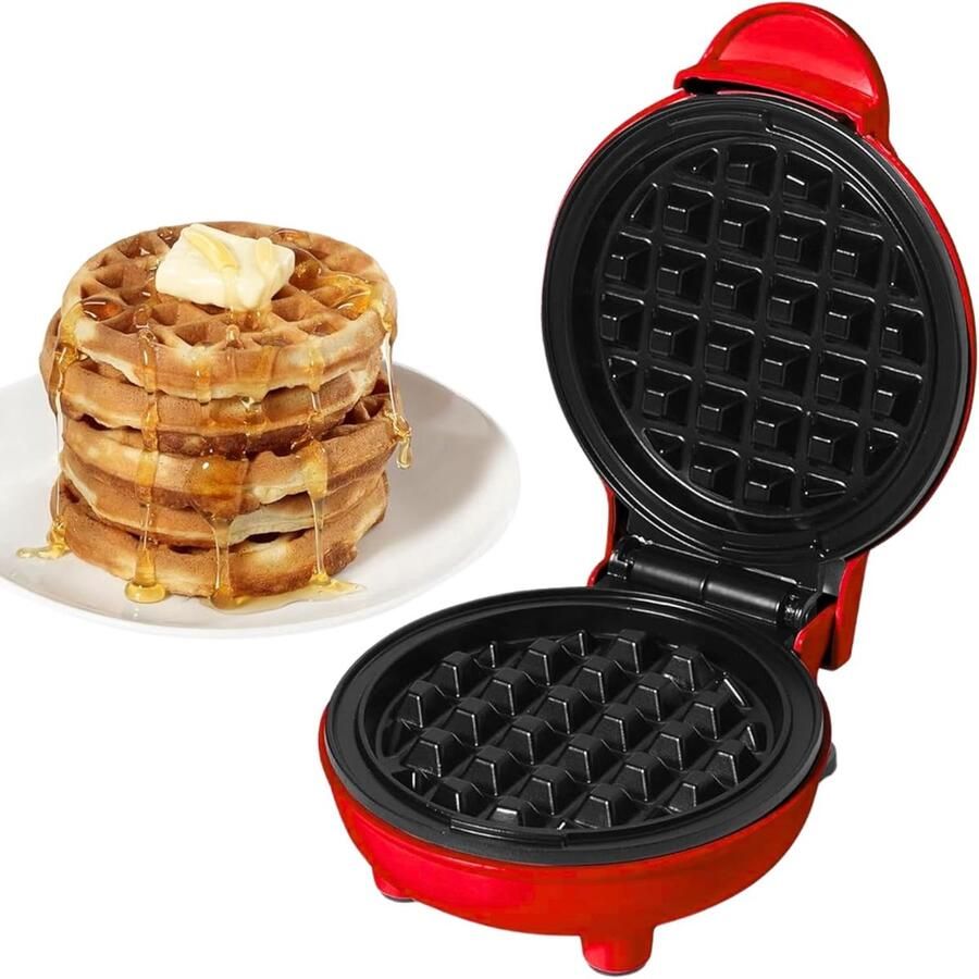 Oloey Elektrische miniwafelmaker met antiaanbaklaag-ideaal voor het maken van ontbijtwafels-aardappelpannekoeken en keto-vriendelijke chiffonwafels-Rode versie