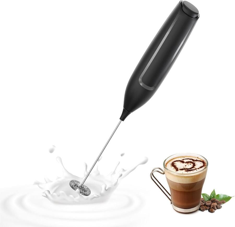Oloey Handbediende melkopschuimer op batterijen-elektrische melkopschuimer-drankmixer met roestvrijstalen garde voor koffie-matcha-latte s en cappuccino – zwart