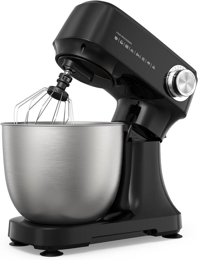 Qtiice 4 5 liter staande mixer – 300 W – 12 snelheidsstanden en jogfunctie – Uitgerust met roestvrijstalen mengkom deeghaak en garde – Vaatwasmachinebestendig – Ideaal voor het maken van brooddeeg cakedeeg en boter voor 2-5 personen