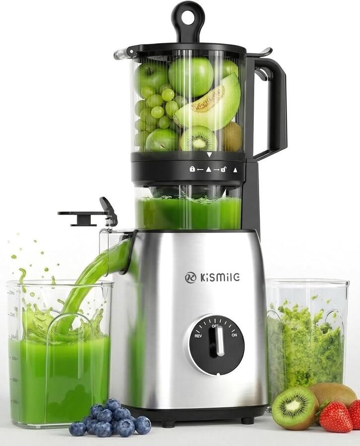 Oloey Kismile Slowjuicer 135 mm extra grote vulopening BPA-vrij eenvoudig te reinigen voor hele groenten & fruit 300 Watt motor & 1 2 L sapbeker
