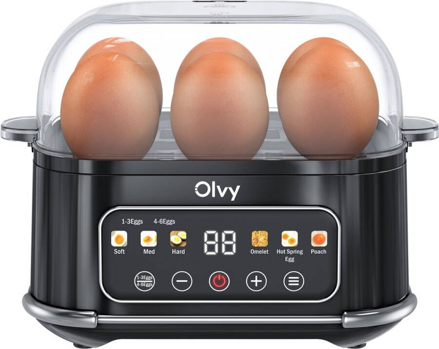 Olvy 6-in-1 Eierkoker LCD-Display Met Timer 6 Eieren Elektrisch Incl. Maatbeker Vaatwasserbestendig