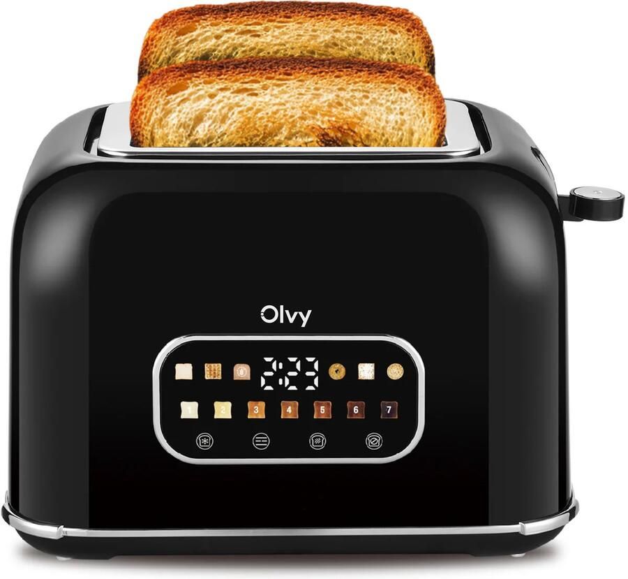 Olvy Broodrooster 7 Bruiningsniveaus Timerfunctie Extra Brede Sleuven Toaster LCD Display Kruimellade 900W Ontdooien & Opwarmen Zwart
