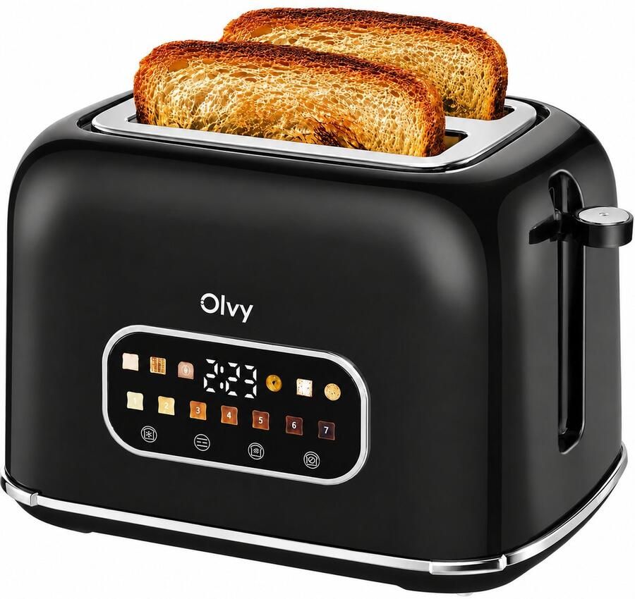 Olvy Broodrooster 7 Bruiningsniveaus Timerfunctie Extra Brede Sleuven Toaster LCD Display Kruimellade 900W Ontdooien & Opwarmen Zwart