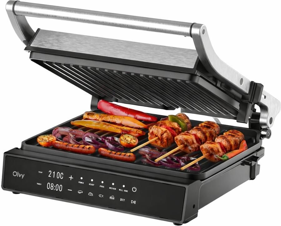 Olvy Contactgrill PRO Uitneembare PFAS-vrije platen 180º Uitklapbaar Vaatwasserbestendig Met Temperatuurregeling Panini Croque Monsieur Toestel Grill Apparaat Tosti Ijzer Apparaten