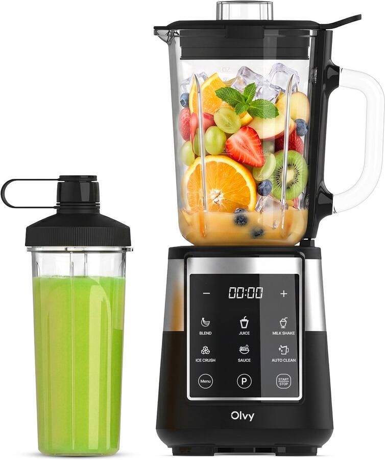 Olvy Kitchen Blender Pro 1000W Smoothie Maker 1 5L Glazen Kan met 600ml To-Go Beker IJscrusher & Zelfreinigend BPA- en BPS-vrij