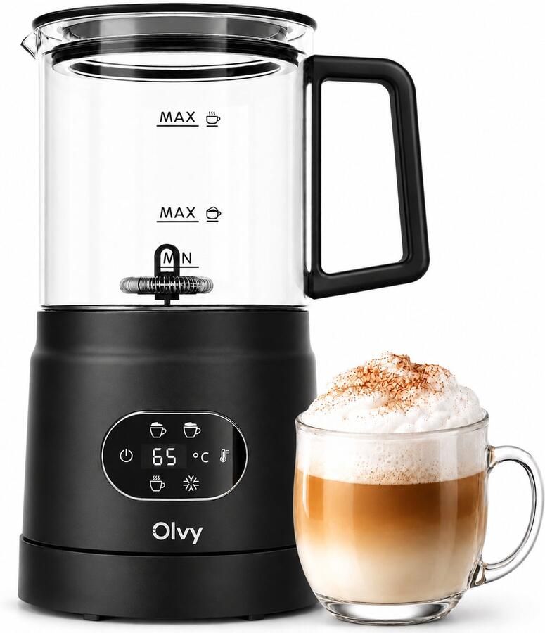 Olvy Melkopschuimer Glas Elektrische Melkopschuimer 500W 4-in-1 Warm & Koud Schuim 160 ml Melkschuim 400 ml Warme Melk Temperatuurdisplay BPA & PFAS Vrij Zwart