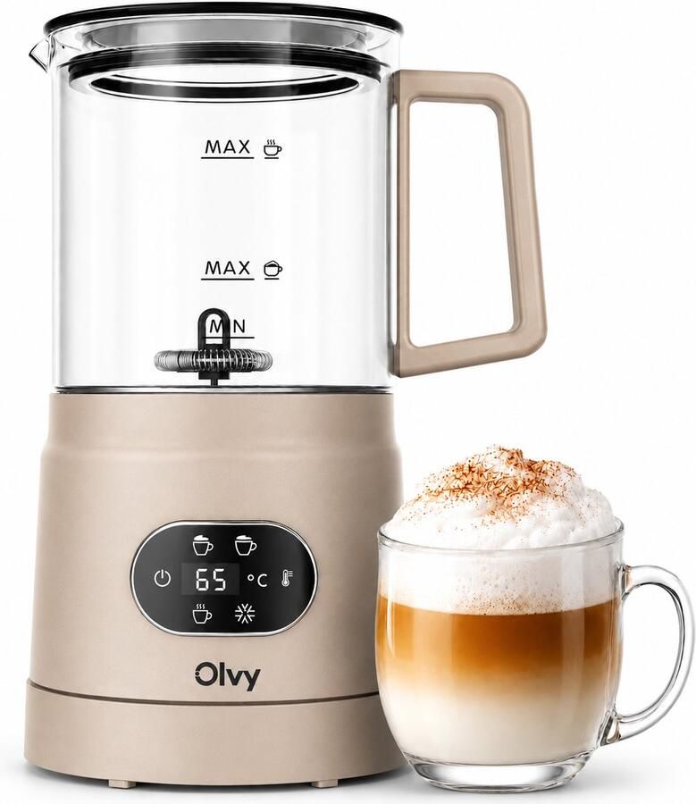 Olvy Melkopschuimer Glas Elektrische Melkopschuimer 500W 4-in-1 Warm & Koud Schuim 160 ml Melkschuim 400 ml Warme Melk Temperatuurdisplay BPA & PFAS Vrij Beige