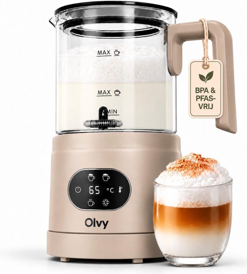 Olvy Melkopschuimer Glas Elektrische Melkopschuimer 500W 4-in-1 Warm & Koud Schuim 160 ml Melkschuim 400 ml Warme Melk Temperatuurdisplay BPA & PFAS Vrij Beige