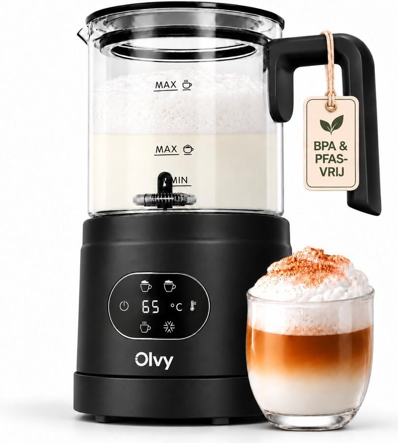 Olvy Melkopschuimer Glas Elektrische Melkopschuimer 500W 4-in-1 Warm & Koud Schuim 160 ml Melkschuim 400 ml Warme Melk Temperatuurdisplay BPA & PFAS Vrij Zwart