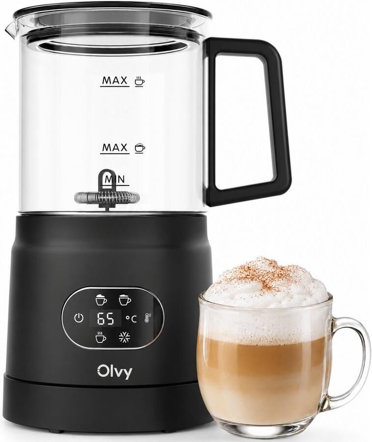Olvy Melkopschuimer Glas Elektrische Melkopschuimer 500W 4-in-1 Warm & Koud Schuim 160 ml Melkschuim 400 ml Warme Melk Temperatuurdisplay BPA & PFAS Vrij Zwart