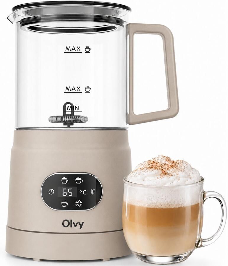 Olvy Melkopschuimer Glas Elektrische Melkopschuimer 500W 4-in-1 Warm & Koud Schuim 160 ml Melkschuim 400 ml Warme Melk Temperatuurdisplay BPA & PFAS Vrij Beige